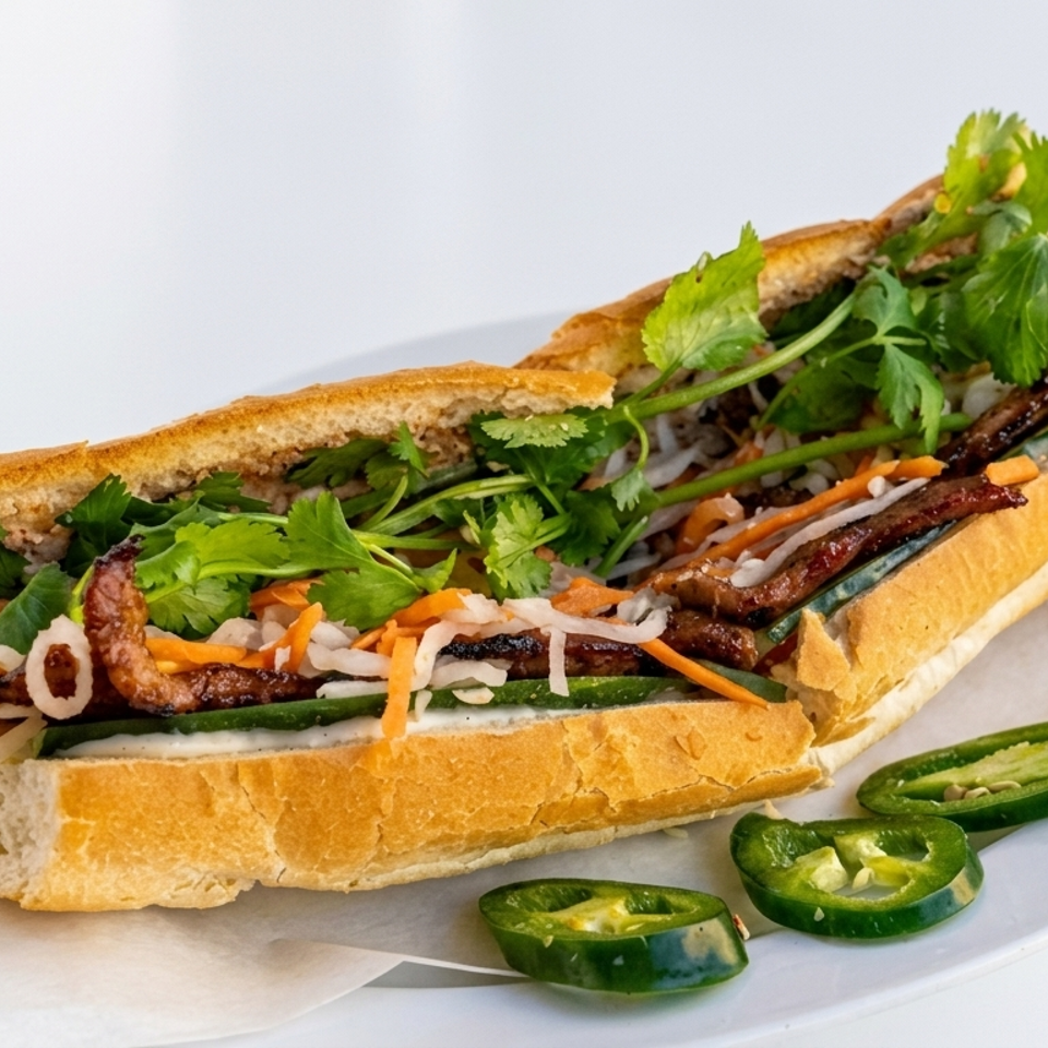 Vietnamese banh mi sandwich filled with grilled meat, pickled vegetables, cucumber, cilantro, and sliced jalapeños on a plate.