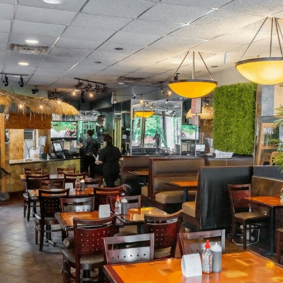 Spacious restaurant dining room with wooden tables, booths, tropical plants, pendant lights, and two staff members near the counter.
