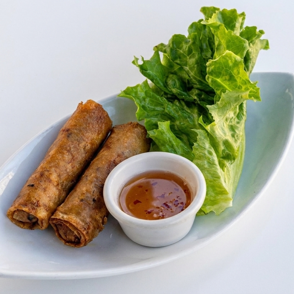 Two crispy spring rolls with lettuce leaves and dipping sauce on a white plate.