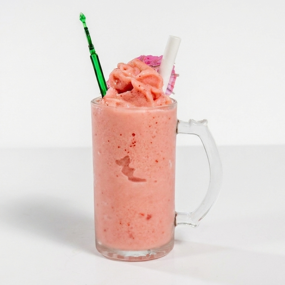 Pink strawberry smoothie topped with whipped cream, served in a glass mug with green and white straws.
