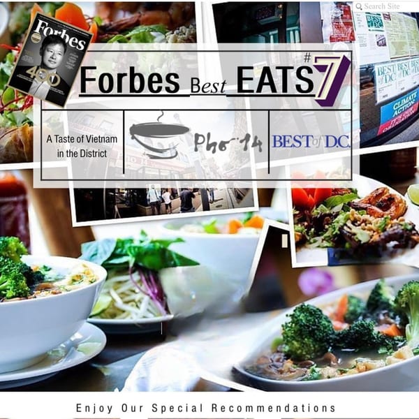 Collage of Pho 14 Vietnamese dishes, restaurant exterior, and Forbes Best Eats 7 recognition.