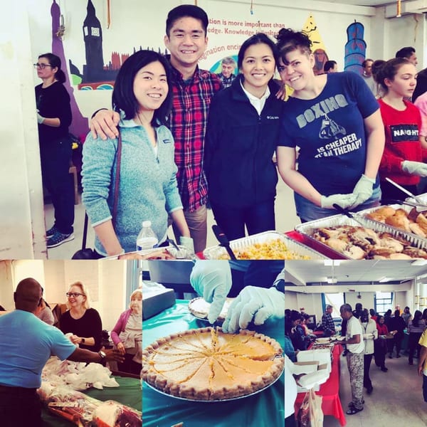 A collage shows people serving food, including chicken and pie, at a community event.